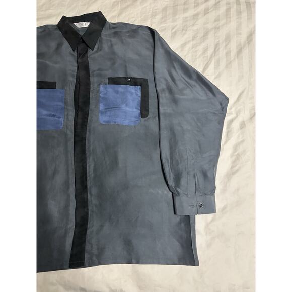VINTAGE MENS GENELLI Blue Gray SILK SHIRT 100% Silk XL - Picture 3 of 9